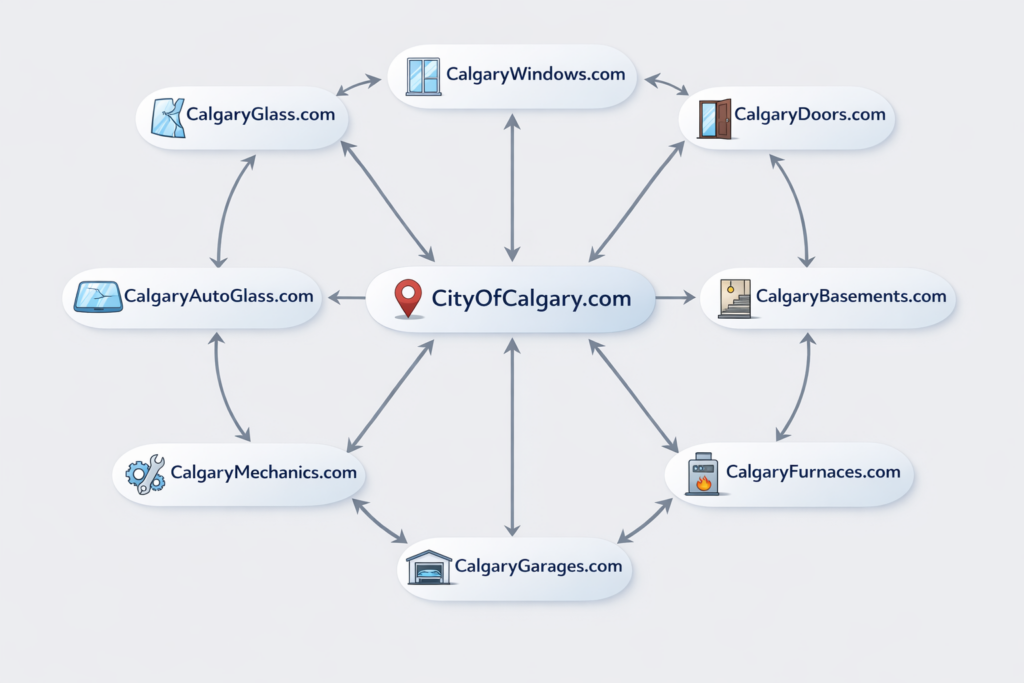City of Calgary hub and spoke model Infographic with CityOfCalgary.com in the center and other calgary website domains surrounding it.